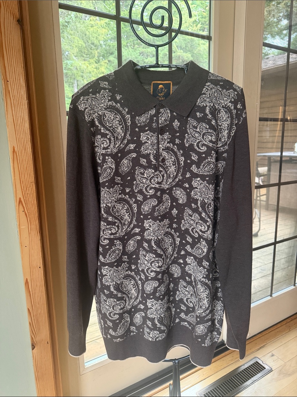 Cigar Couture Black (Coffee) Paisley Polo Collar Long Sleeve Knit Sweater Sz XL